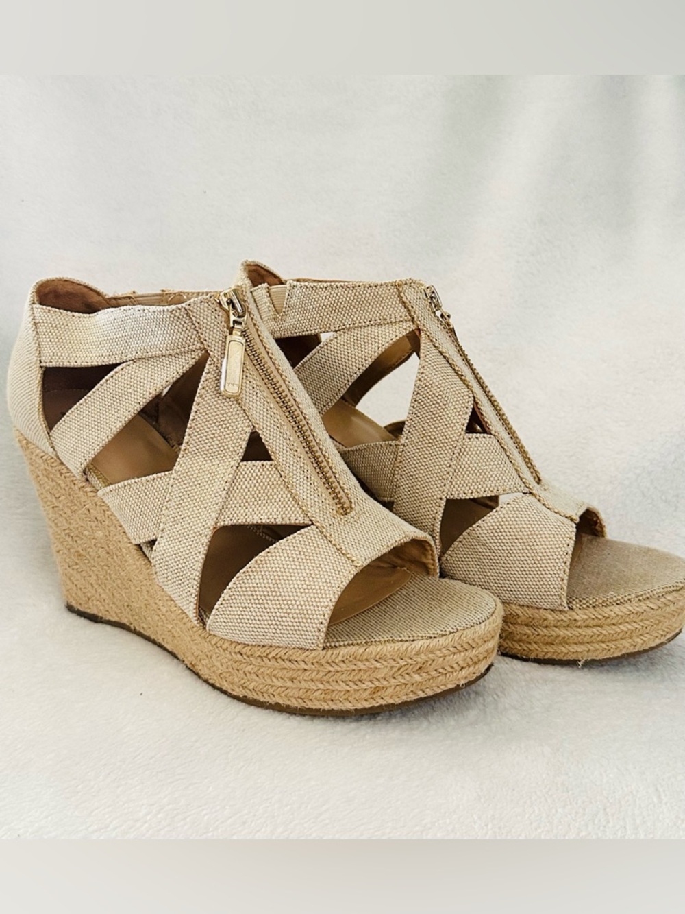 Espadrille Wedge Sandals with Front Zipper natural Beige Canvas Size 9